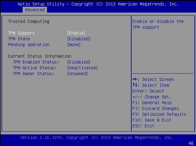 image:This figure shows the TPM Configuration screen with TPM support                                 enabled.