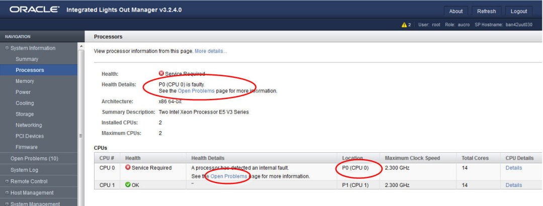 image:A figure showing of the Oracle ILOM Processors                                     screen.