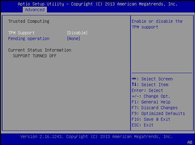 image:This figure shows the TPM Configuration screen in the Advanced                                 Menu.