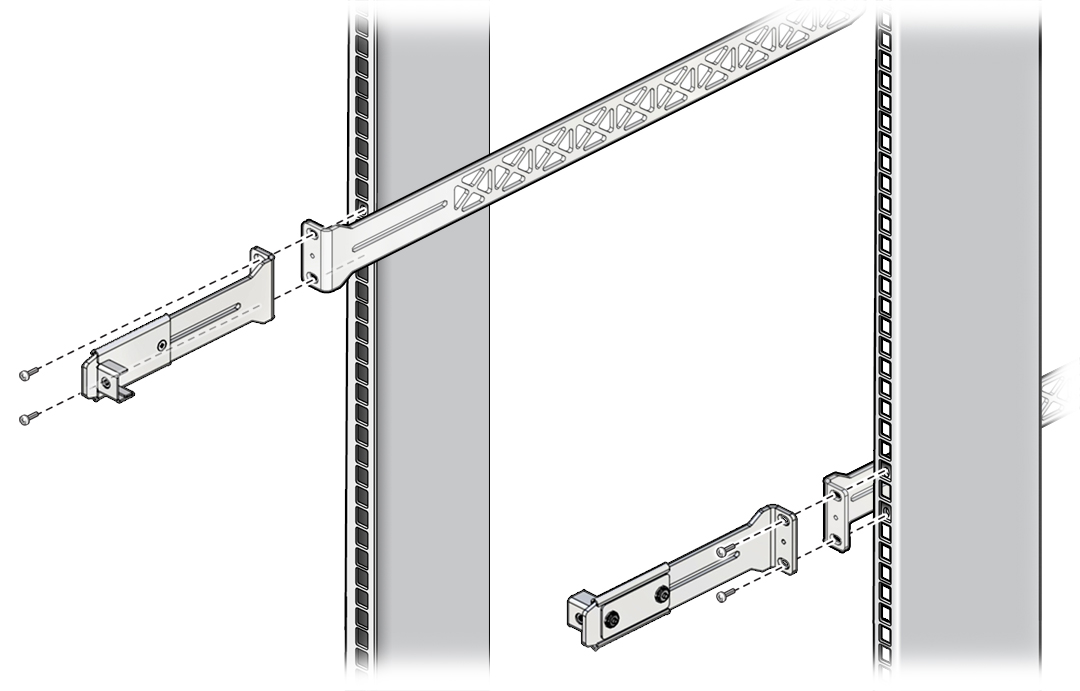image:Figure shows how to attach short bracket assemblies                                             and long rails to the rack.