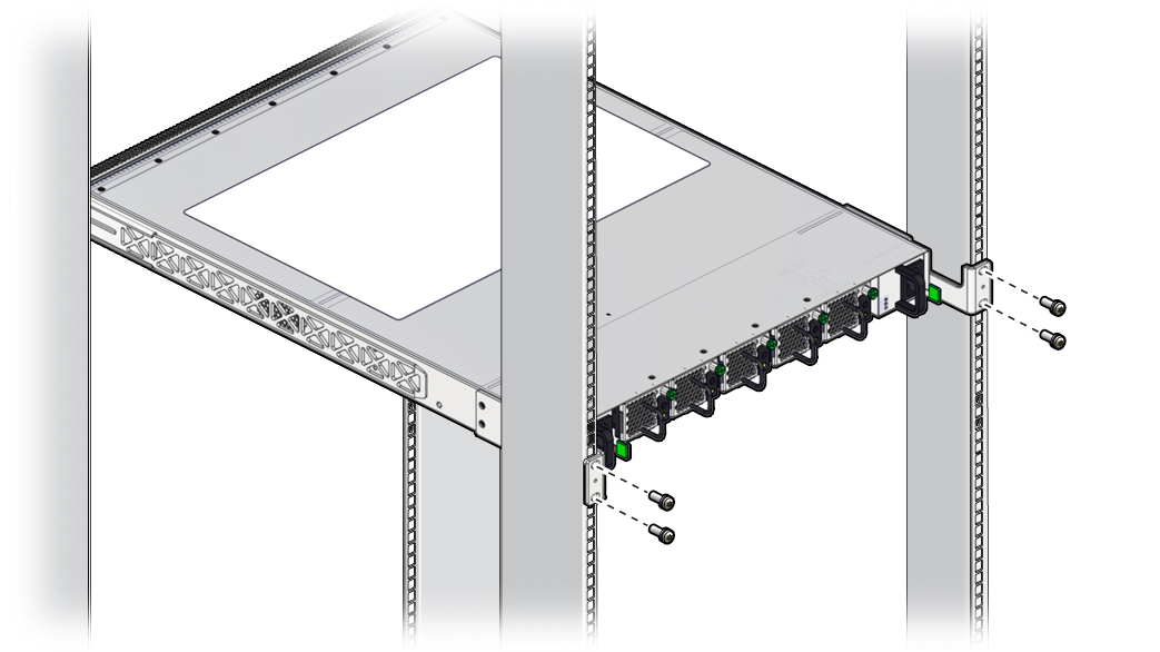 image:Figure shows two screws fasten each bracket to the rack