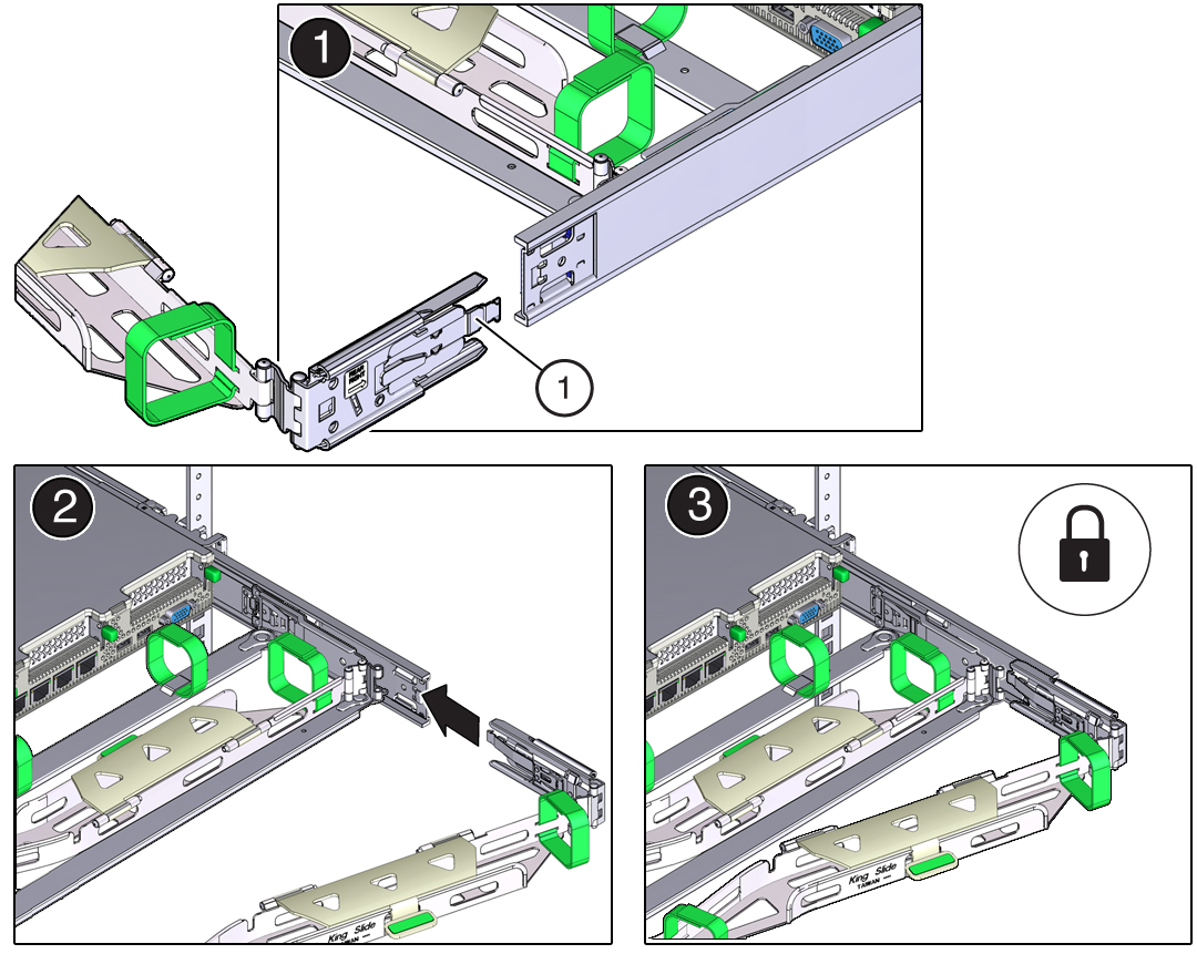 image:Figure showing how to install the CMA's connector C into                                     the right slide-rail.