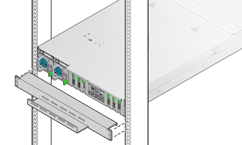 image:This figure shows how to position the Shipping Bracket With Cable                             Trough below the server.