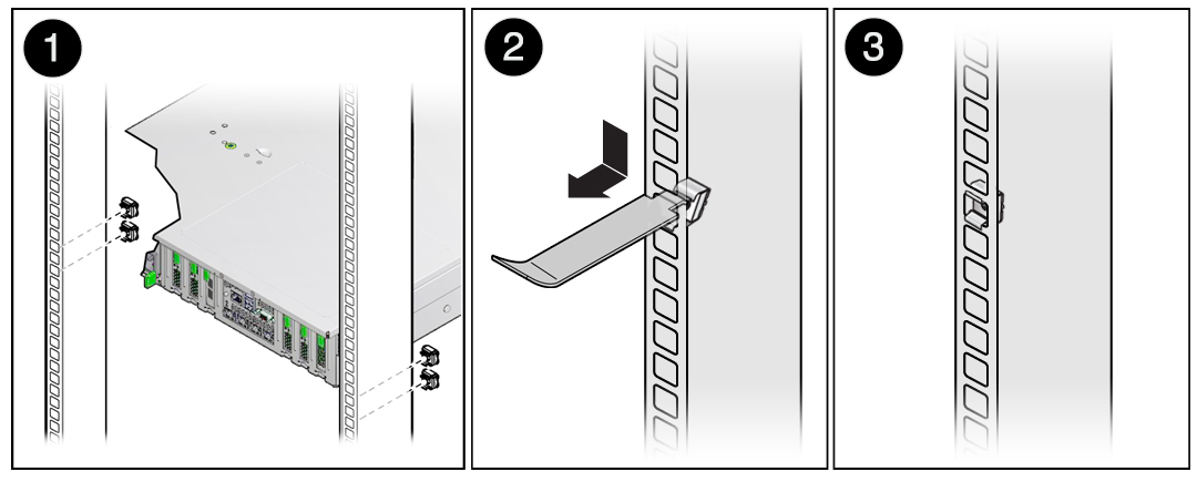 image:This figure shows how to install cage nuts in RETMA racks with                             square holes.