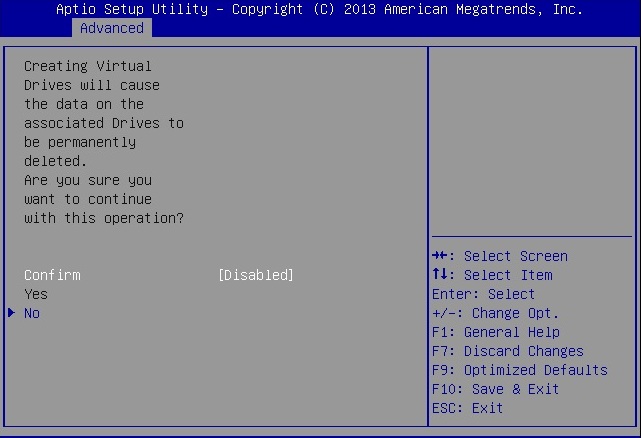 image:Screen showing the RAID configuration confirmation                                 option.