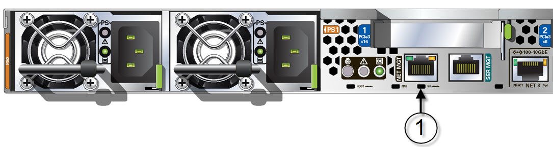 image:This figure shows the location of the SP Reset pinhole button                                 on the Oracle Server X6-2 back panel.
