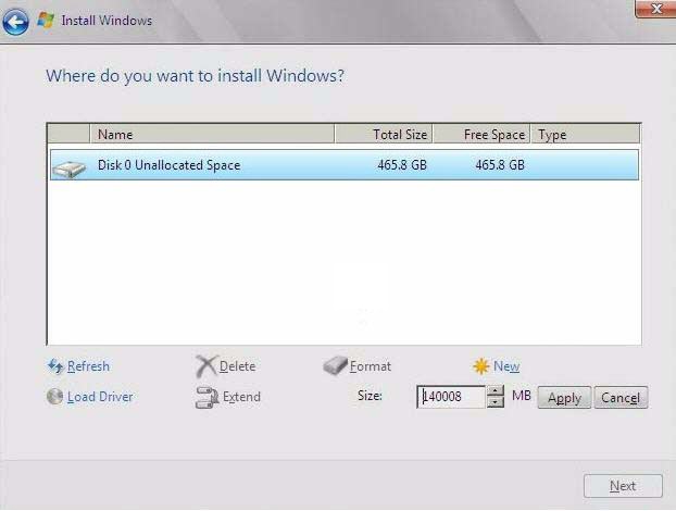 image:The Where do you want to install windows? screen.