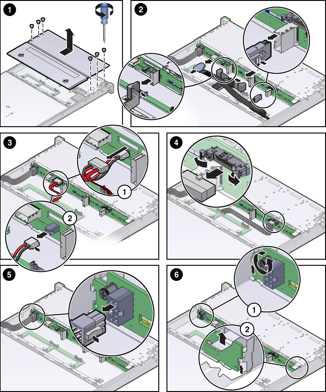 image:Figure showing how to remove the storage drive backplane from                                 the server.
