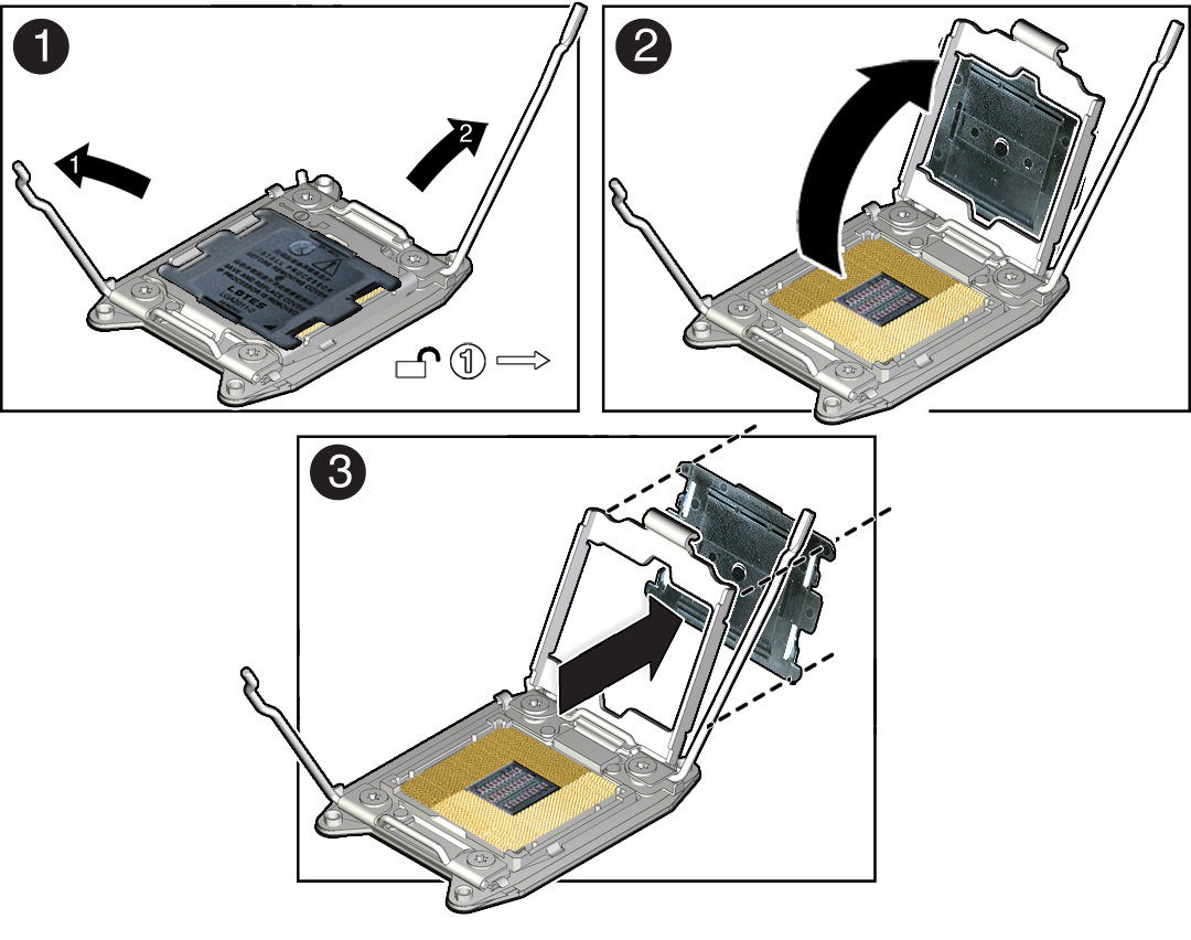 image:Graphic showing how to remove a processor socket                                         cover.