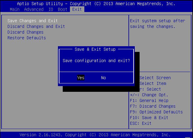 image:This figure shows the settings on the BIOS Save and Exit                                 screen.