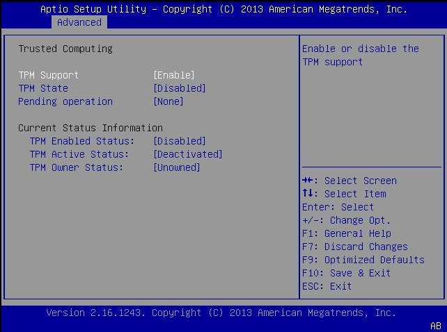 image:This figure shows the TPM Configuration screen with TPM support                                 enabled.