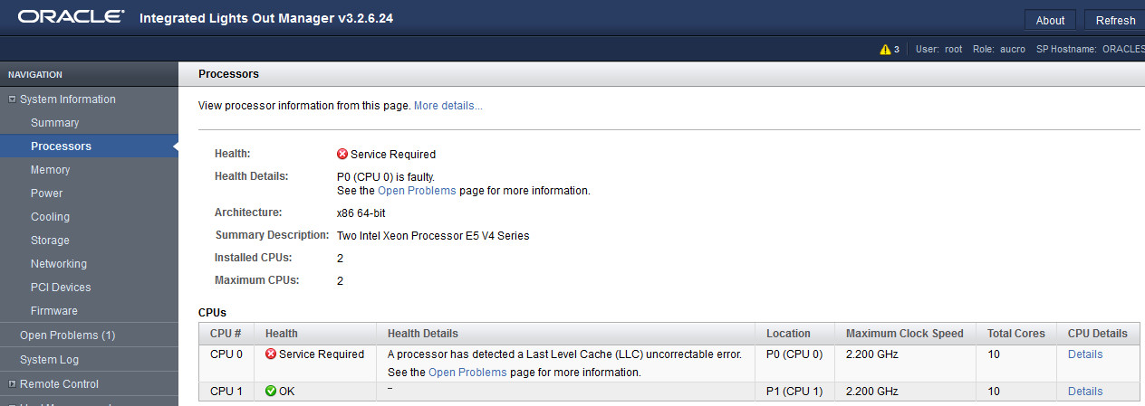 image:A screen capture showing the Oracle ILOM Processors                                     screen.