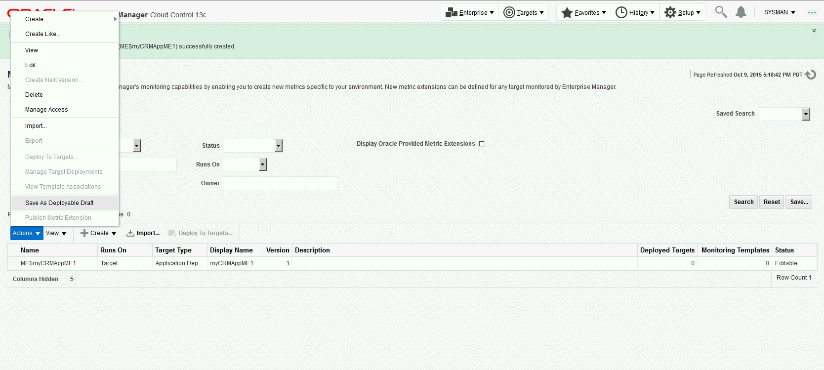 Graphic demos saving metric extension as a deployable draft.