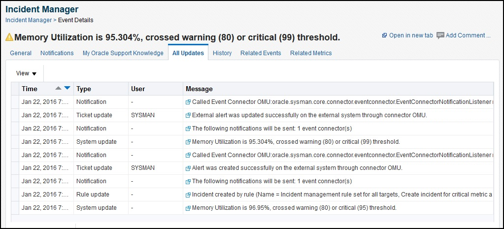 Incident Manager All Updates Tab screen shot example Incident Manager All Updates Tab screen shot example