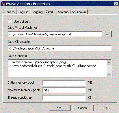 Java Tab on the iWave Adapters Properties Window Java Tab on the iWave Adapters Properties Window