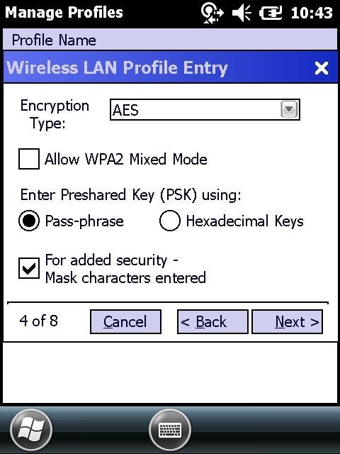 This figure shows the MC55A Wireless LAN Profile entry dialog box with the encryption type selected.