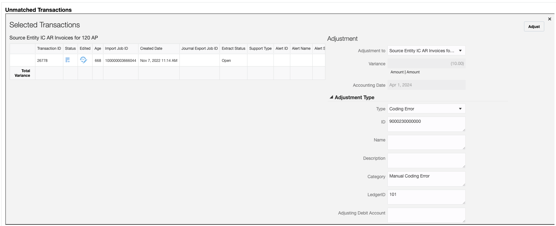 Screenshot einer einseitigen Anpassung
