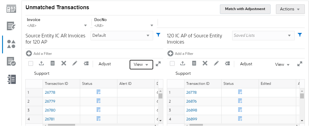 Registerkarte "Nicht abgeglichene Transaktionen" im Dialogfeld "Abgleich"