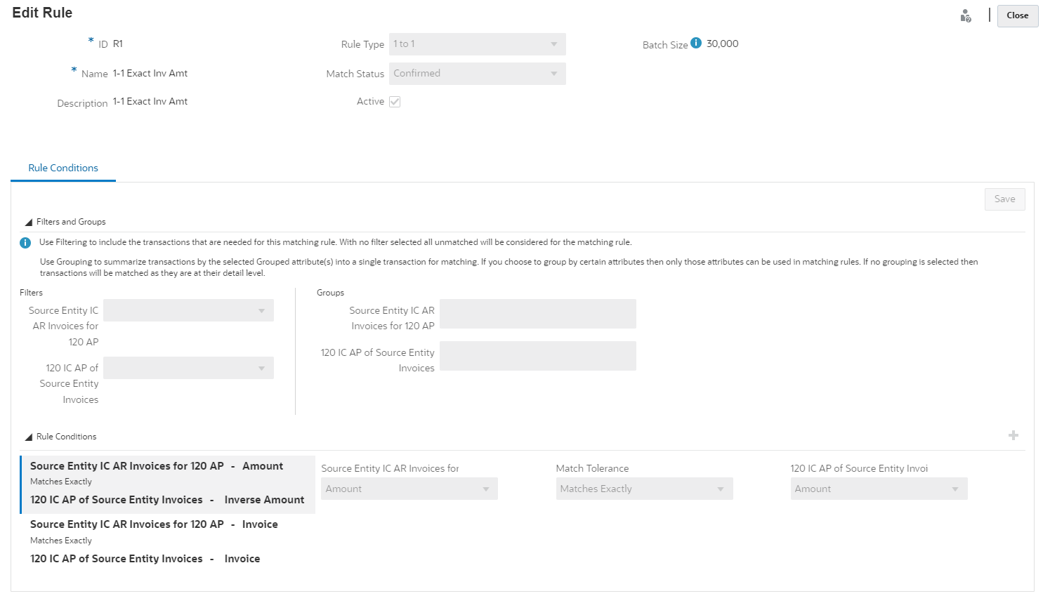 Screenshot der Regel, die die genaue &Uuml;bereinstimmung bei der Rechnung anzeigt