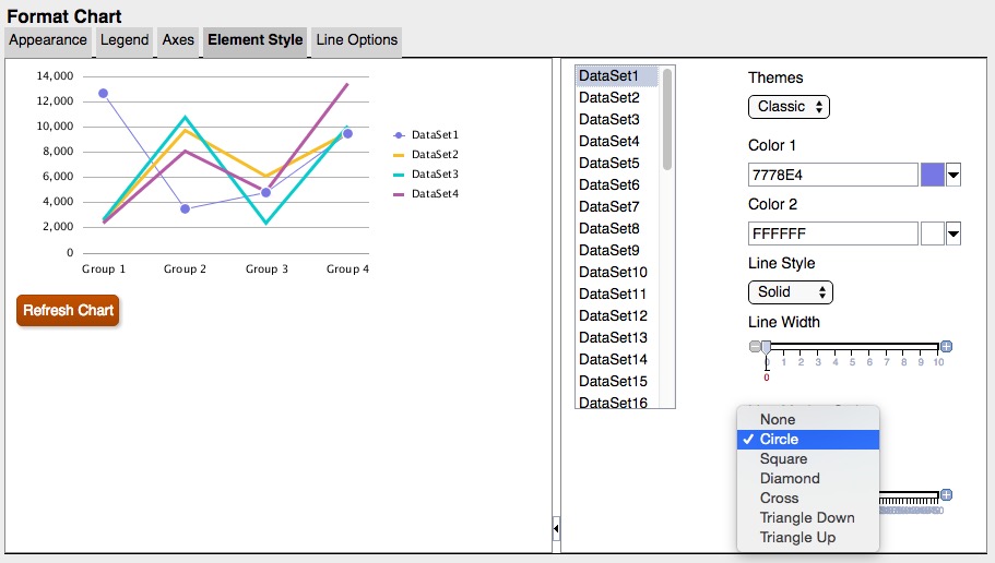 Datenpunktstile der Linie in der aktualisierten Diagramm-Engine