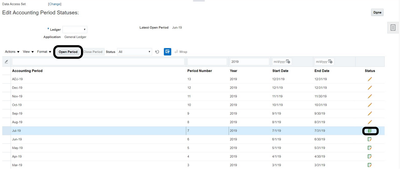 Die Abbildung zeigt die Seite zum Bearbeiten der Buchungsperiodenstatus.