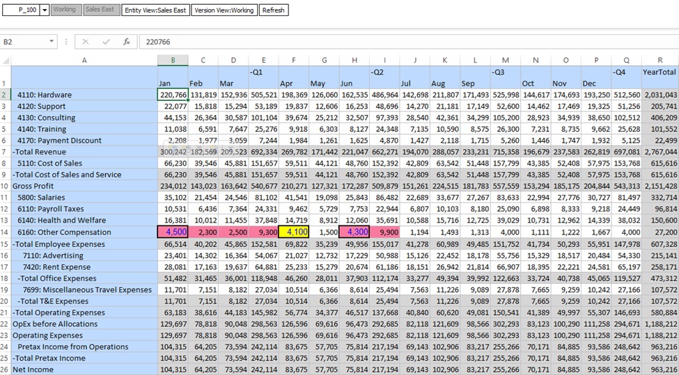 Abbildung eines Laufzeitformulars in Smart View mit angewendeten Groovy-Regeln und Datenvalidierungsregeln