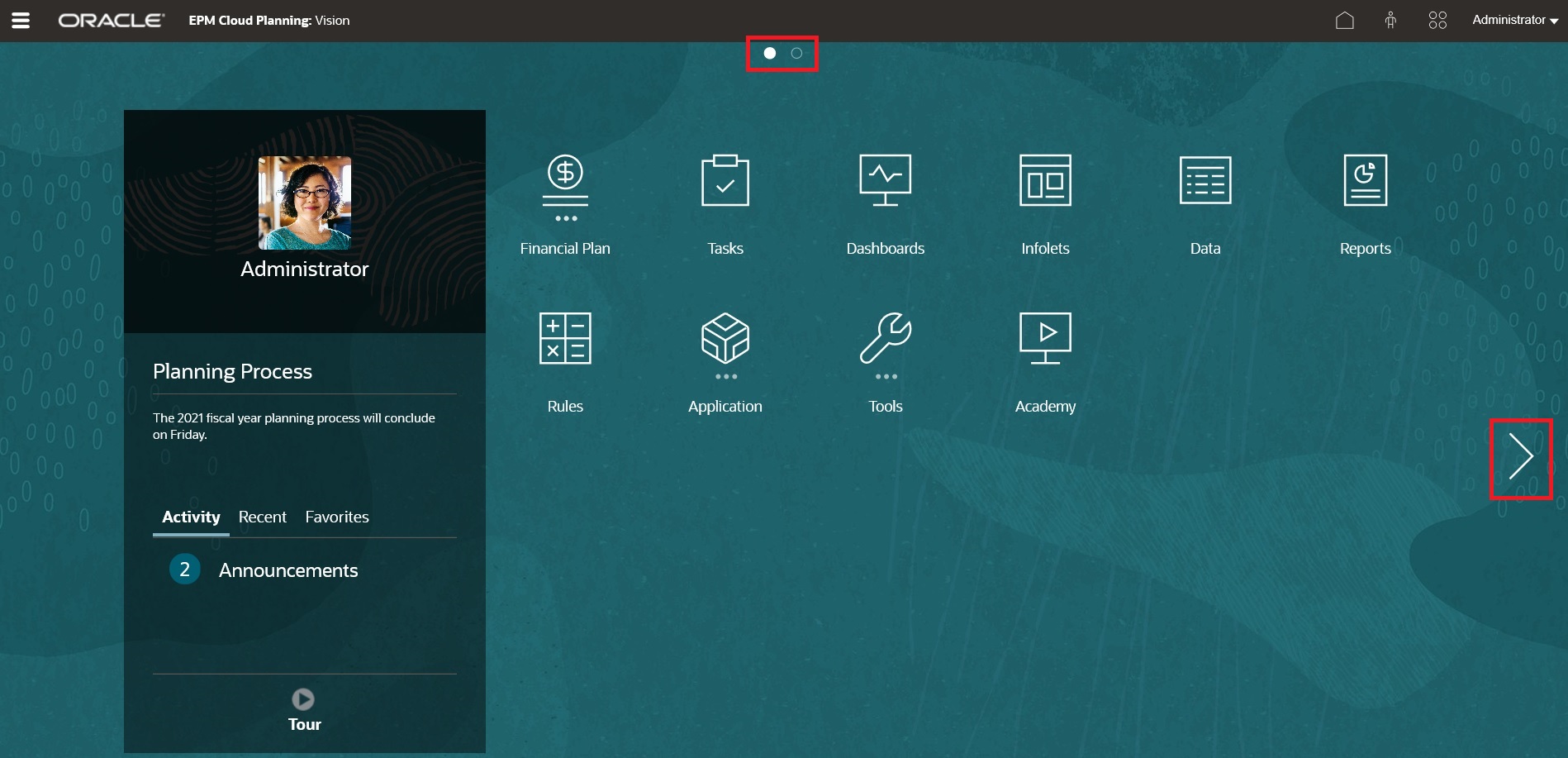 Homepage mit den Navigationspunkten und -pfeilen der Infolets