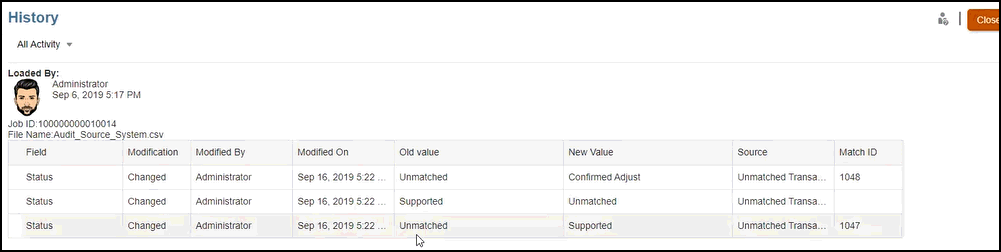 Historial de auditor&iacute;as al que se accede desde la ventana Confrontaci&oacute;n