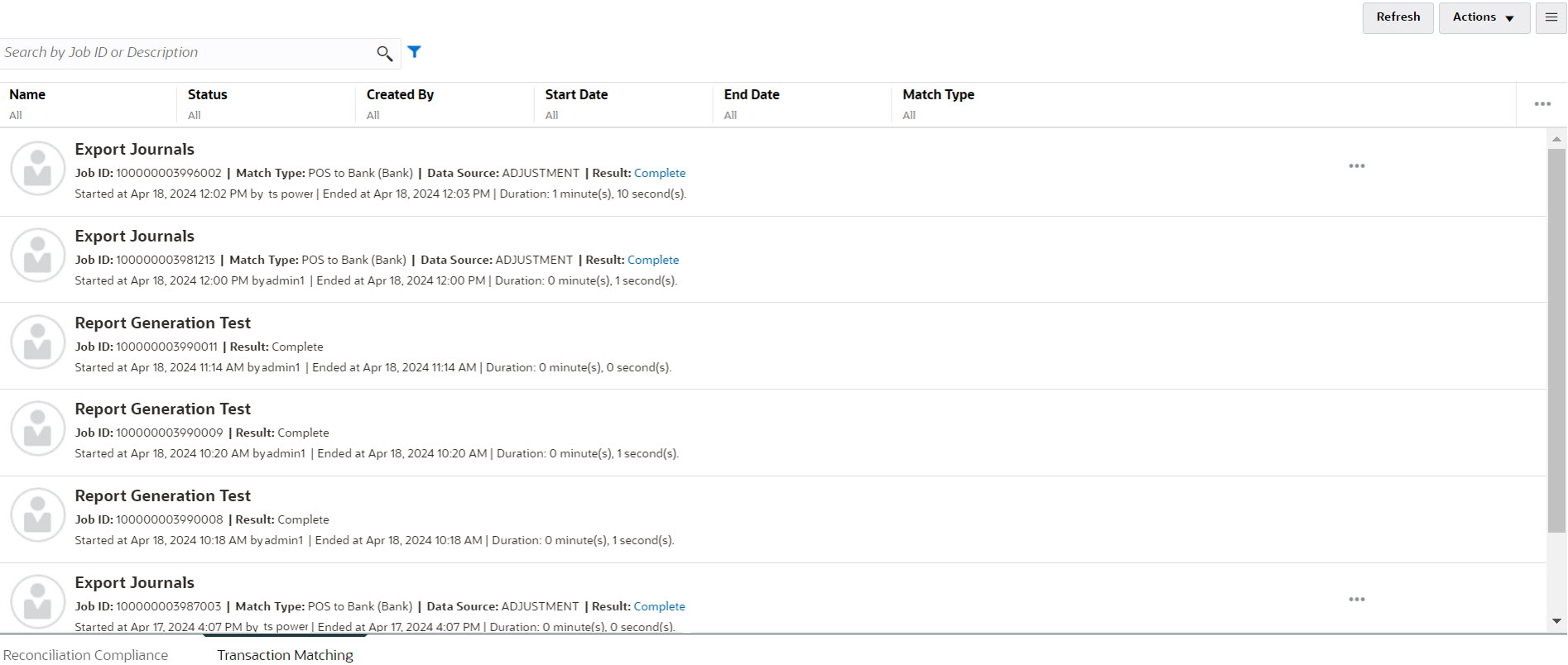 Lista Trabajos de Transaction Matching