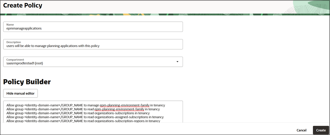 Pantalla Crear política con sentencias de política de gestión Pantalla Crear política con sentencias de política de gestión