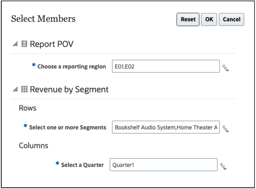 Cuadro de diálogo Seleccionar miembros con peticiones de datos para el PDV de informes y las filas y columnas para la cuadrícula 1 Cuadro de diálogo Seleccionar miembros con peticiones de datos para el PDV de informes y las filas y columnas para la cuadrícula 1