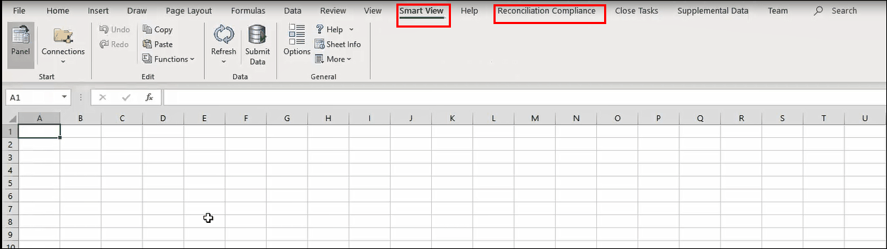 En Excel, el separador de la cinta de opciones de Smart View se marca con un c&iacute;rculo. La cinta de opciones de Smart View est&aacute; seleccionada y se muestran sus opciones. Adem&aacute;s, a la derecha del separador de la cinta de opciones de Smart View, el separador de la cinta de opciones de Conformidad de conciliaci&oacute;n se marca con un c&iacute;rculo.