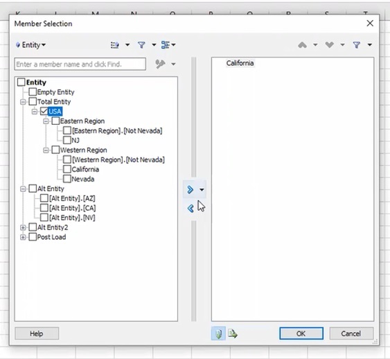Selector de miembros en Smart View, que muestra la estructura de jerarqu&iacute;a completa a la que tiene acceso el usuario