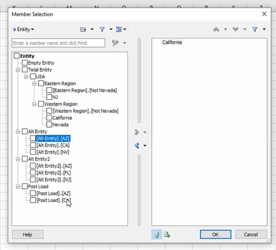 Selector de miembros en Smart View que muestra la estructura de jerarqu&iacute;a completa a la que tiene acceso de Lectura el usuario