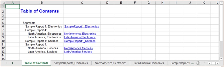 Página de tabla de contenido y separadores de hoja de trabajo de ejemplo en libro importado en Excel Página de tabla de contenido y separadores de hoja de trabajo de ejemplo en libro importado en Excel