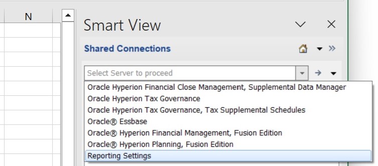 Ejemplo de una conexi&oacute;n compartida a EPM Workspace. En el men&uacute; desplegable aparecen varias aplicaciones de EPM System, como Financial Management y Strategic Planning, a las cuales puede conectarse