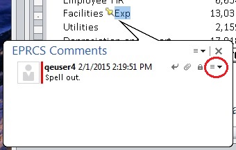 Cuadro de texto de comentarios con la flecha de lista desplegable rodeada por un c&iacute;rculo.