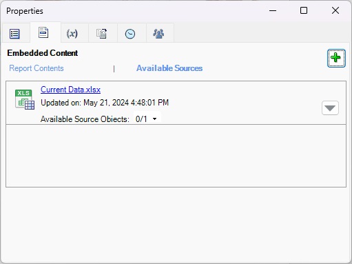 Cuadro de di&aacute;logo Propiedades, separador Contenido embebido, que muestra el archivo de referencia que se acaba de registrar con el doclet