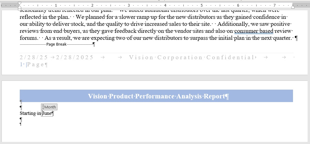 Una parte de un doclet, que muestra el resultado de insertar una variable compartida para el mes.