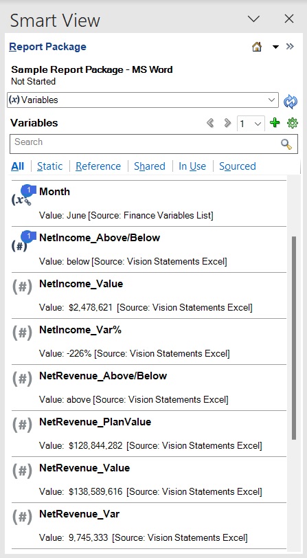 El panel de paquete de informes muestra una lista de variables disponibles.