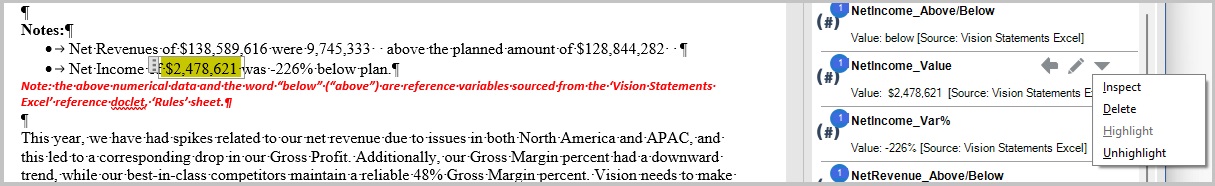 A la derecha, en el panel Variables, se muestra una variable seleccionada, junto con las opciones de men&uacute; disponibles para dicha variable en el bot&oacute;n Opciones despu&eacute;s de seleccionar la acci&oacute;n Resaltar. A la izquierda, la ubicaci&oacute;n de la variable seleccionada insertada en el doclet se muestra con resaltado amarillo.