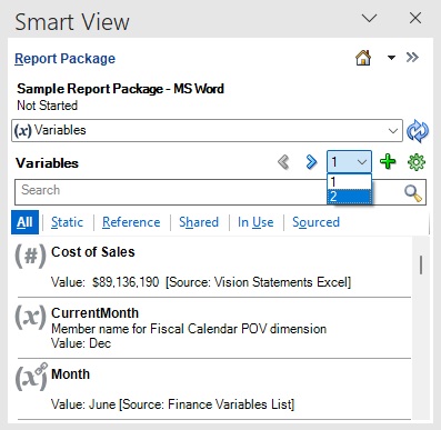 Parte superior del panel Variables que muestra las flechas hacia la izquierda y hacia la derecha cerca de la parte superior del panel para navegar por las p&aacute;ginas, o una lista desplegable de p&aacute;ginas para ir a una p&aacute;gina concreta. Las flechas de navegaci&oacute;n y la lista desplegable est&aacute;n activas cuando hay m&aacute;s de 50 variables.