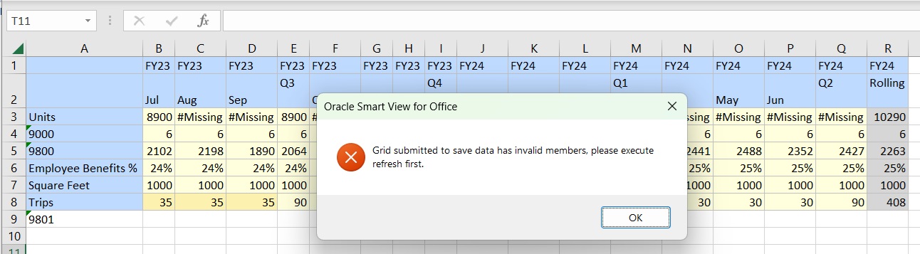 Muestra el mensaje que aparece al seleccionar la opci&oacute;n Mostrar miembros no v&aacute;lidos para formulario flexible. El mensaje indica que la cuadr&iacute;cula enviada para guardar datos tiene miembros no v&aacute;lidos y que ejecute primero el refrescamiento.