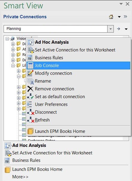 Men&uacute; contextual al hacer clic con el bot&oacute;n derecho en el nombre de la aplicaci&oacute;n, que muestra el elemento de men&uacute; Consola de trabajos. Tambi&eacute;n muestra la opci&oacute;n M&aacute;s en el panel de acciones en la parte inferior del panel de Smart View.