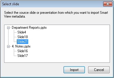 Cuadro de di&aacute;logo Seleccionar diapositiva, donde se hace clic en la diapositiva desde la que desea copiar los metadatos.