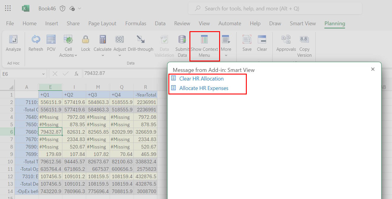 Al hacer clic en el botón Mostrar menú contextual, se muestra el cuadro de diálogo del menú contextual con las acciones definidas para la celda de datos seleccionada Al hacer clic en el botón Mostrar menú contextual, se muestra el cuadro de diálogo del menú contextual con las acciones definidas para la celda de datos seleccionada