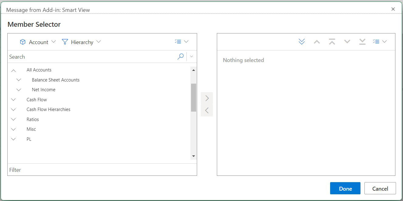 Cuadro de di&aacute;logo Selector de miembros con la lista de miembros a la izquierda y la lista de selecci&oacute;n a la derecha