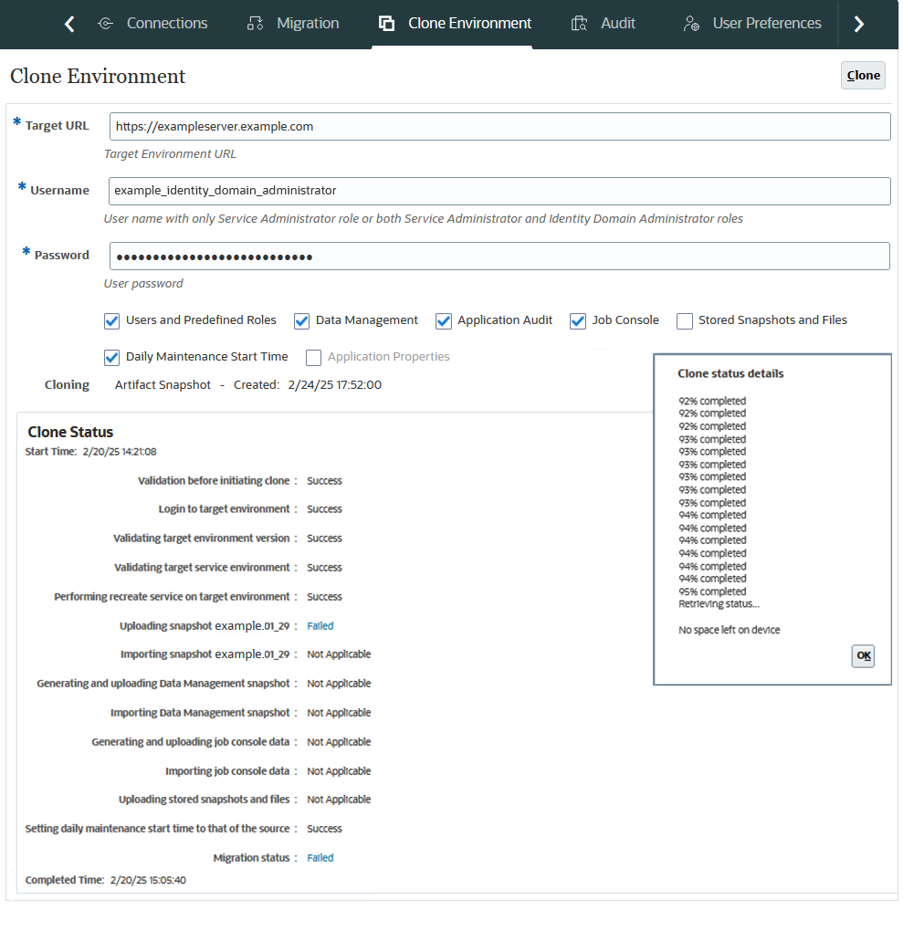 Ejemplo de Clonar entorno que muestra el error No space left on device