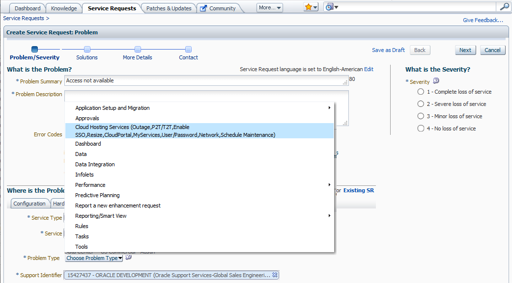 Selecci&oacute;n de tipo de problema al crear la solicitud de servicio de problemas de acceso