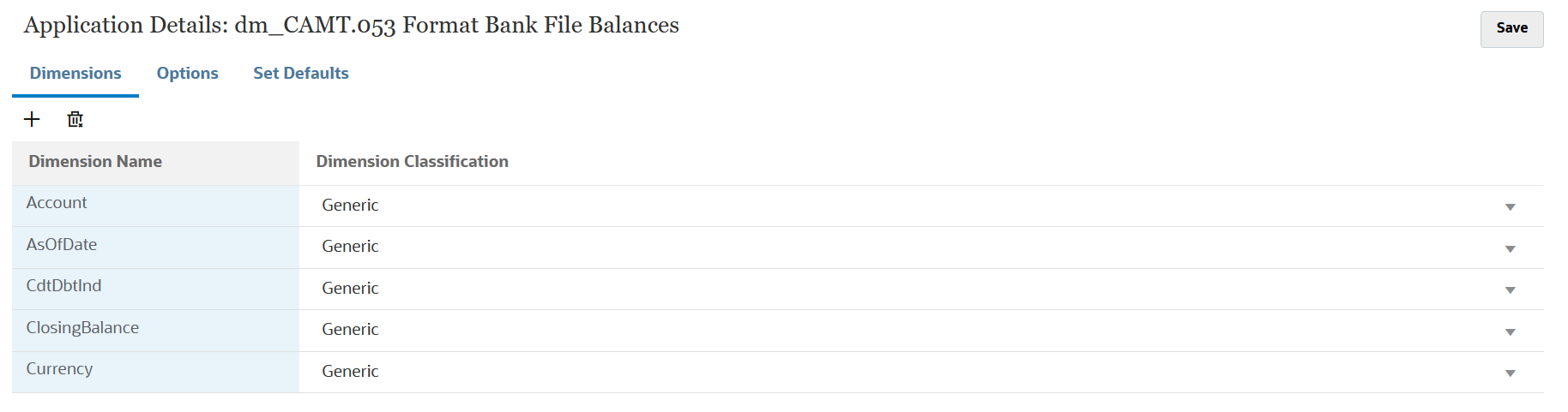 En la imagen se muestran los detalles de dimensi&oacute;n de Balances de archivo bancario con formato CAMT.053